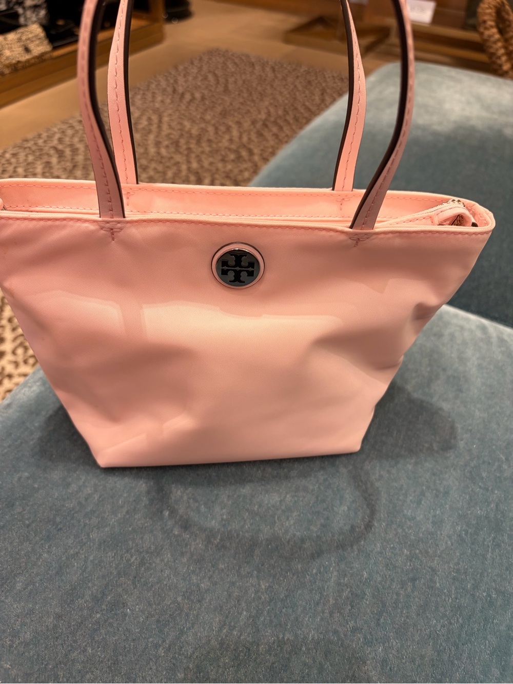 Tory Burch mini pink blossom Tote nylon tote bag zip closure logo accent gold